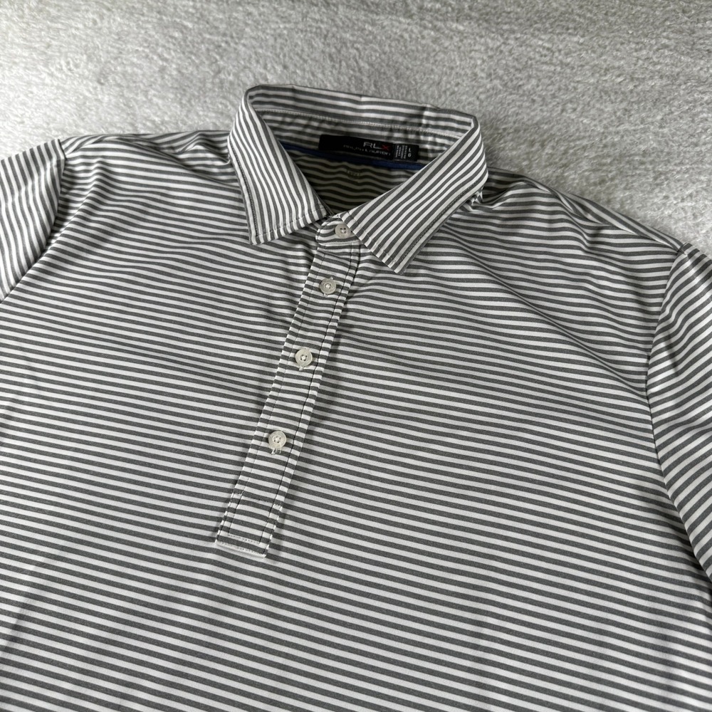 RLX Ralph Lauren Golf Men's Large Stretch Wicking Polo Shirt Gray White Striped